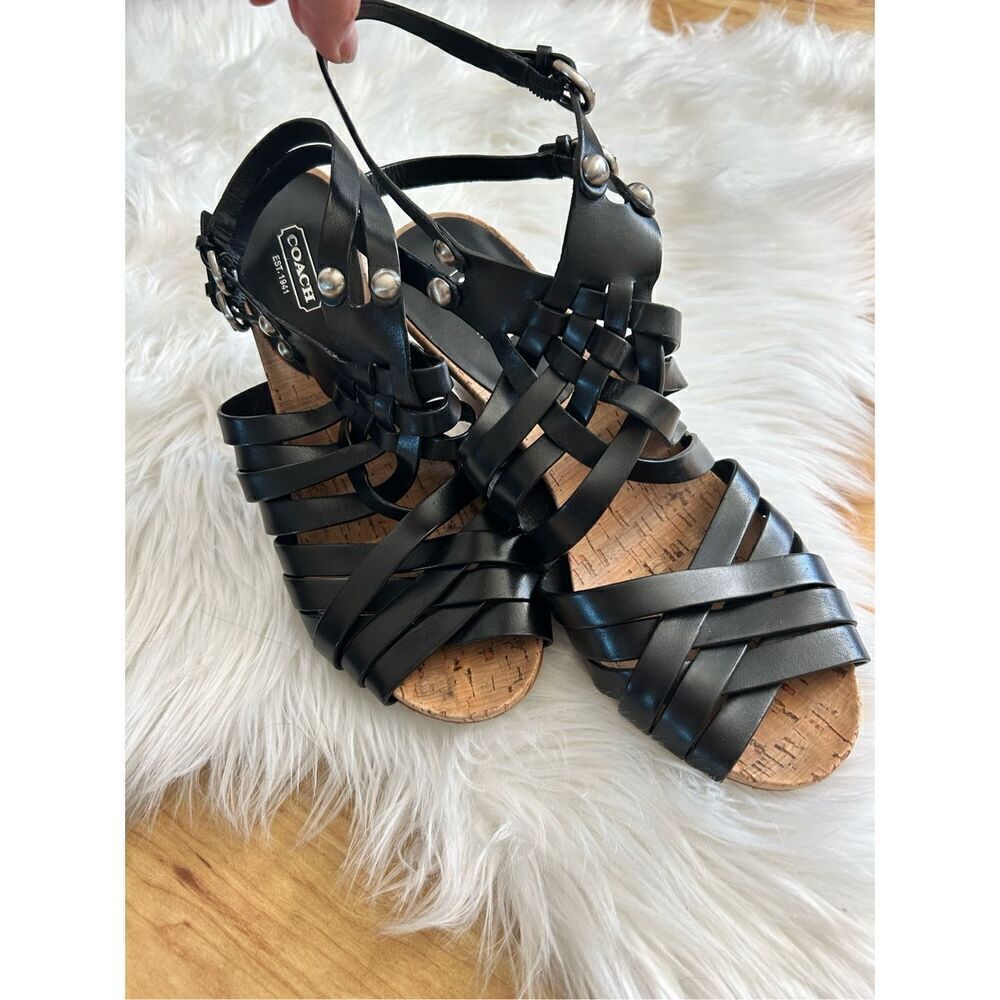 COACH ADRIENN STRAPPY LEATHER SANDAL SHOE BLACK size 10